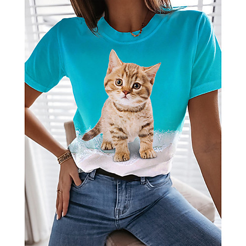 

Women's 3D Cat Painting T shirt Cat Color Block 3D Print Round Neck Basic Tops Blue