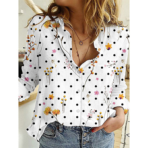

Women's Floral Theme Blouse Shirt Floral Polka Dot Long Sleeve Button Print Shirt Collar Basic Tops White
