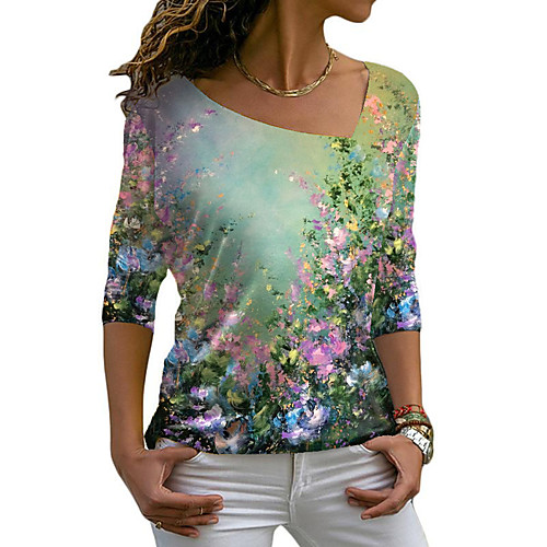 

Women's Floral Theme Painting T shirt Floral Graphic Long Sleeve Print V Neck Basic Tops Green