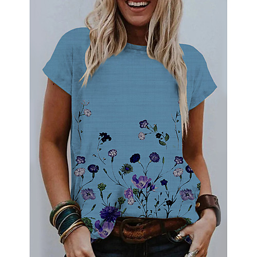 

Women's T shirt Floral Flower Round Neck Tops Blue Khaki Gray