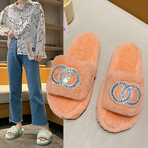 

Women's Slippers & Flip-Flops Flat Heel Round Toe Home Cotton Rhinestone Flower Solid Colored Khaki Green Orange