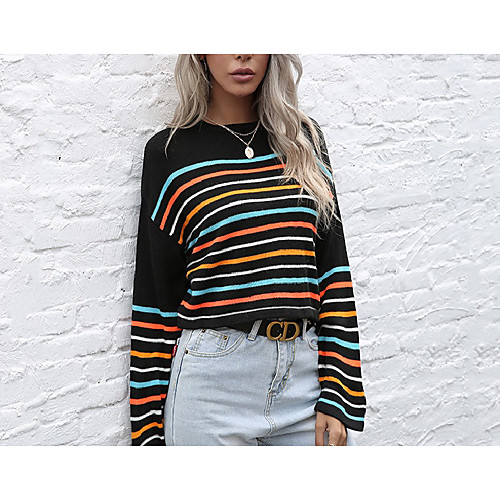 

Women's Stylish Tassel Stripe Striped Pullover Sweater Cotton Long Sleeve Sweater Cardigans Crew Neck Fall Winter Black