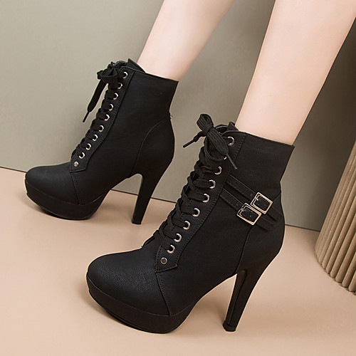 

Women's Boots High Heel Round Toe Mid Calf Boots Party Work PU Buckle Lace-up Solid Colored Black / Mid-Calf Boots