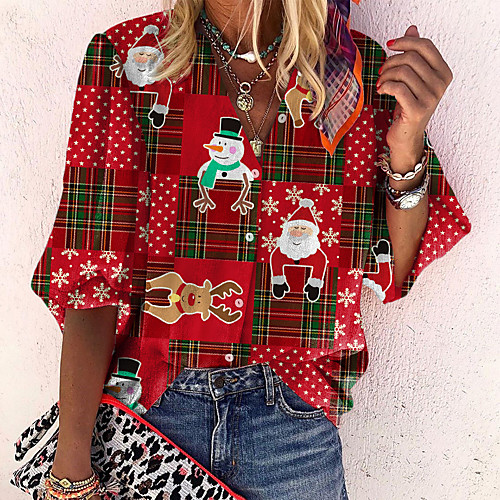 

Women's Blouse Shirt Plaid Reindeer Deer Button Print Standing Collar Streetwear Tops Red / 3D Print