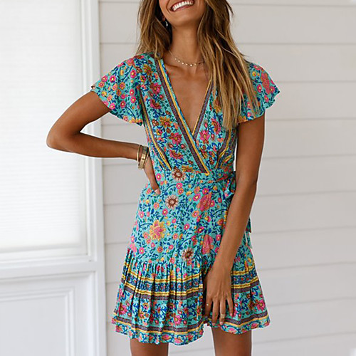 

Women's Swing Dress Short Mini Dress Green Wine Dusty Blue Red Beige Light Blue Short Sleeve Floral Print Spring Summer V Neck Hot Casual Boho 2022 S M L XL XXL 3XL 4XL 5XL