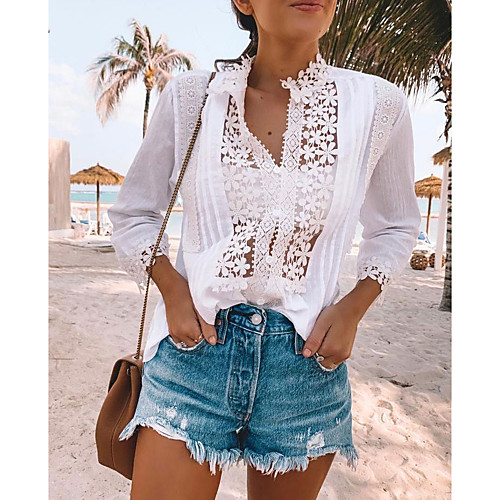 

Women's Blouse Shirt Plain See Through Lace Patchwork Standing Collar Casual Streetwear Tops Blue White Gray