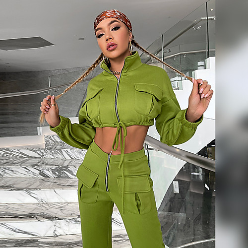 

Women's Streetwear Plain Casual Daily Wear Two Piece Set Crop Top Hoodie Tracksuit Pant Jogger Pants Drawstring Zipper Tops