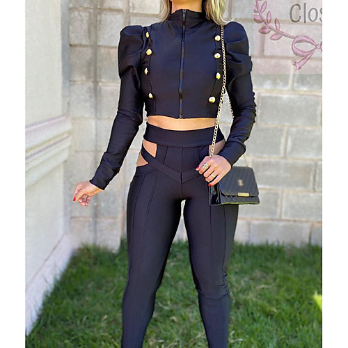 

Women's Punk Gothic Plain Casual Vacation Two Piece Set Crop Top Blouse Pants Sets Pant Leggings Cut Out Zipper Tops