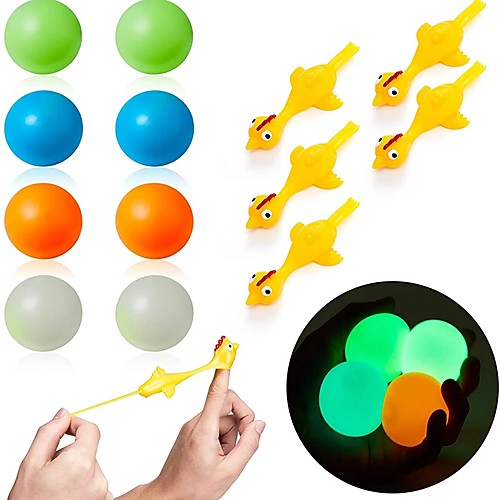 

4pcs Anti-Stress Ball With 11Pc Slingshot Chicken Glow Stress Relief Celing Balls sticky Globbles Squash Balls Toy For Kids/Adult