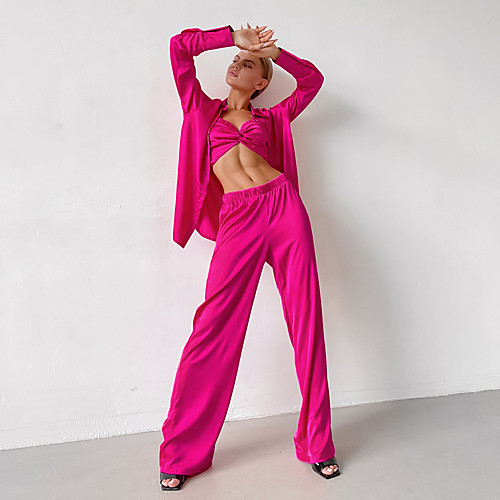 

Women's Basic Solid Color Casual Daily Wear Two Piece Set Blouse Bra Pants Sets Pant Wide leg pants Tops