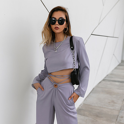 

Women's Streetwear Plain Casual Daily Wear Two Piece Set Crop Top Pants Sets T shirt Pant Wide leg pants Bell bottoms Lace up Tops