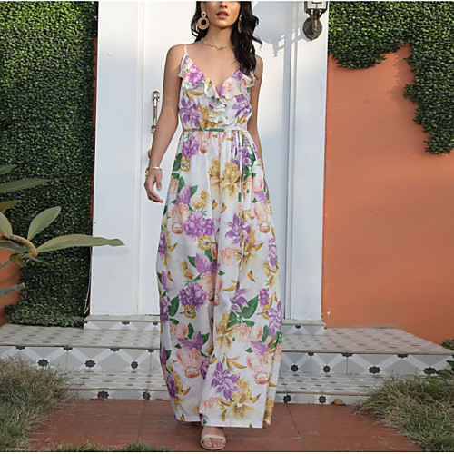 

Women's Jumpsuit High Waist Patchwork Print V Neck Elegant Vacation Beach Wide Leg Loose Sleeveless Camisole Purple S M L Summer
