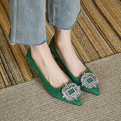 

Women's Heels Plus Size Rhinestone Pumps Pointed Toe Elegant Casual Daily Work PU Leather Loafer Spring Summer Solid Colored Green Black