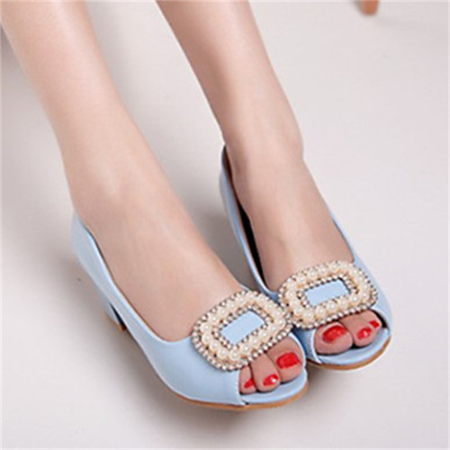 

Women's Heels Rhinestone Chunky Heel Peep Toe Minimalism Daily PU Leather Loafer Spring Summer Solid Colored White Pink Light Blue