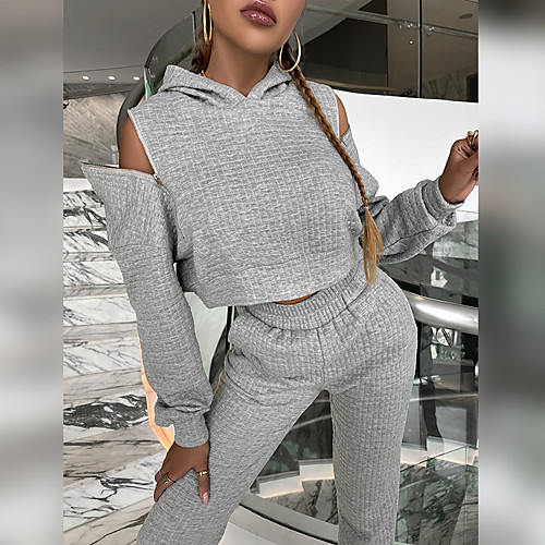 

Women's Basic Plain Sport Casual Two Piece Set Crop Top Hoodie Tracksuit Pant Jogger Pants Cut Out Tops