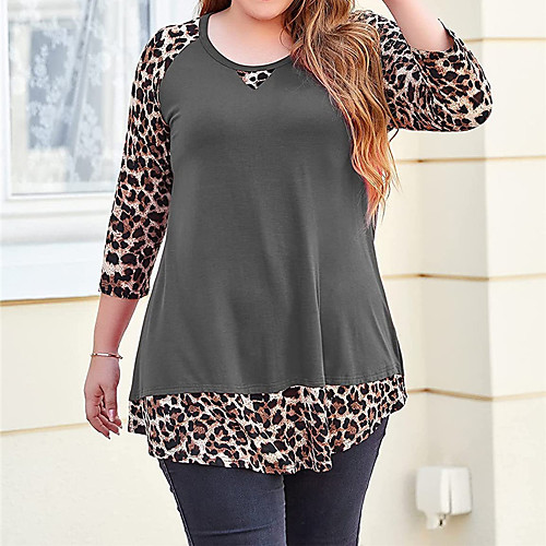 

Women's Plus Size Tops Blouse Shirt Leopard Print 3/4 Length Sleeve Crewneck Streetwear Daily Going out Polyester Spring Summer Black Gray
