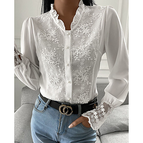 

Women's Floral Theme Blouse Shirt Floral Plain Lace Standing Collar Casual Streetwear Tops White