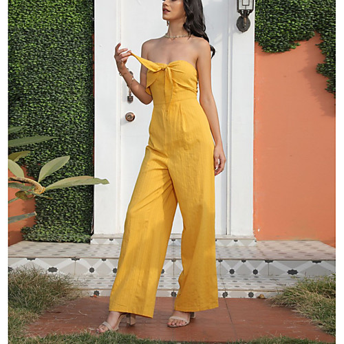 

Women's Jumpsuit Backless High Waist Solid Color Off Shoulder Basic Holiday Work Straight Regular Fit Sleeveless Cold Shoulder Yellow S M L Summer