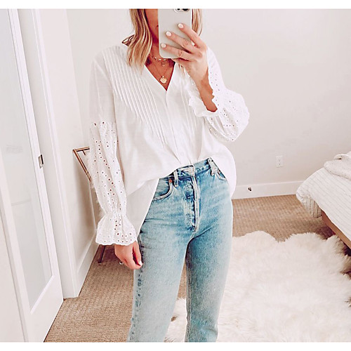 

Women's Blouse Shirt Plain Cut Out V Neck Casual Streetwear Tops Blue White Black