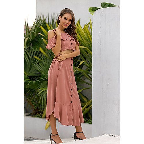 

Women's Basic Plain Casual Vacation Two Piece Set Crop Top Blouse Skirt Sets Skirt Ruffle Tops
