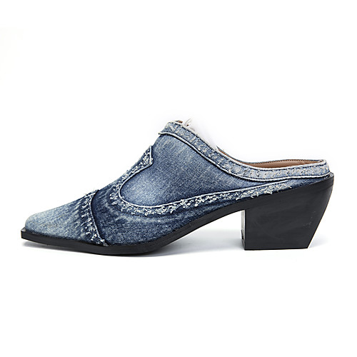 

Women's Mules Chunky Heel Pointed Toe British Daily Denim Loafer Summer Solid Colored Navy Blue