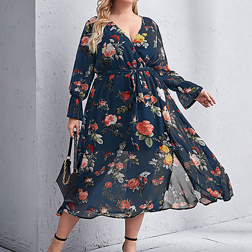 

Women's Plus Size A Line Dress Floral V Neck Long Sleeve Spring Summer Casual Midi Dress Causal Daily Dress