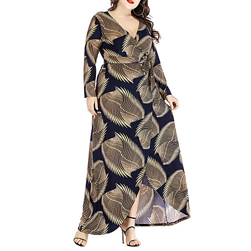 

Women's Plus Size A Line Dress Striped V Neck Long Sleeve Spring Summer Work Vintage Maxi long Dress Going out Work Dress