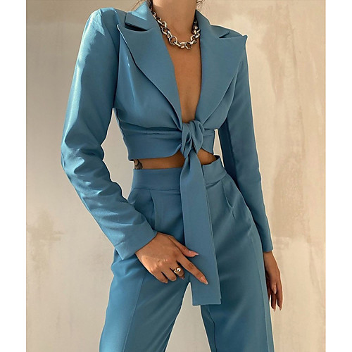 

Women's Streetwear Plain Daily Wear Office Two Piece Set Crop Top Blazer Office Suit Pant Lace up Tops
