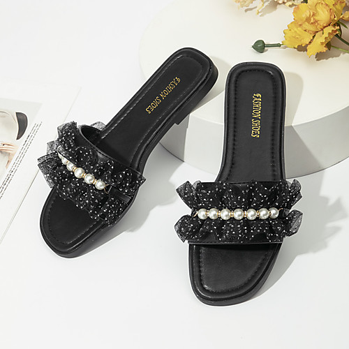 

Women's Slippers Flat Sandals Wedding Sandals Buckle Flat Heel Round Toe Casual Daily PU Leather Loafer Spring Summer Polka Dot Black