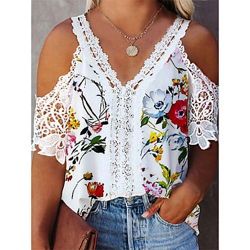 

Women's Plus Size Tops T shirt Floral Cut Out Lace Short Sleeve V Neck Streetwear Daily Going out Polyester Spring Summer White