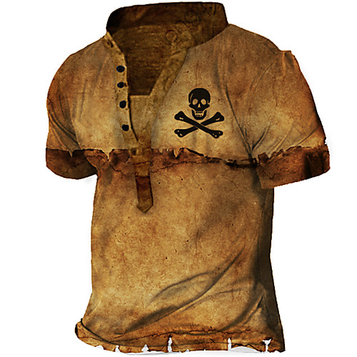 

Men's Henley Shirt T shirt 3D Print Graphic Skull Vintage Stand Collar Street Casual Button-Down Print Short Sleeve Tops Basic Fashion Classic Comfortable Khaki