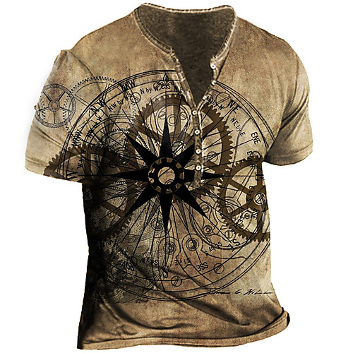 

Men's Henley Shirt T shirt 3D Print Graphic Machine Henley Street Casual Button-Down Print Short Sleeve Tops Basic Fashion Classic Comfortable Khaki