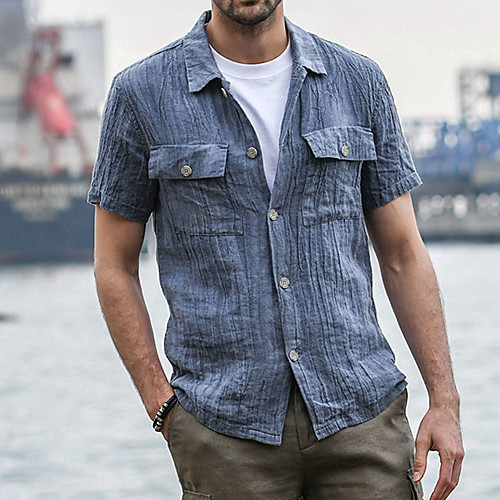 

Men's Shirt Solid Colored Turndown Street Casual Button-Down Short Sleeve Tops Casual Vintage Streetwear Cool Blue Gray Khaki