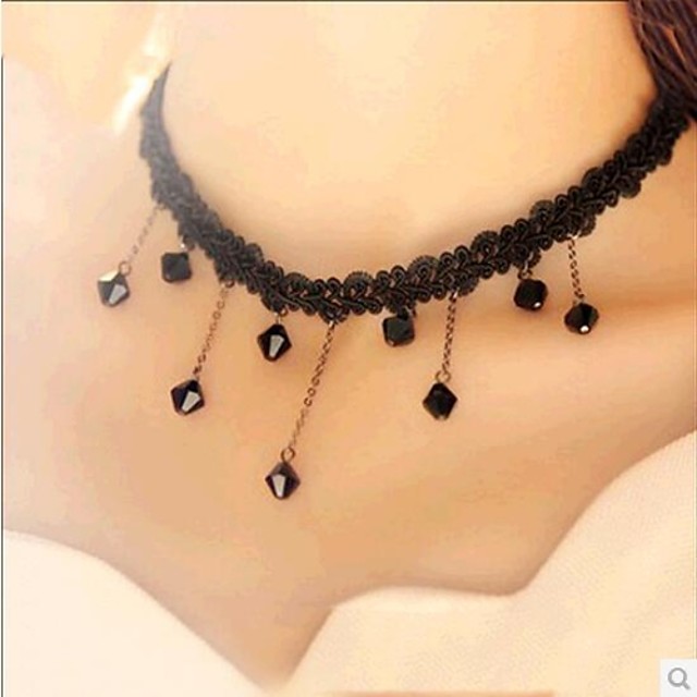 Collier Choker Ras De Cou Femme Franges Onyx Dentelle Résine Argent