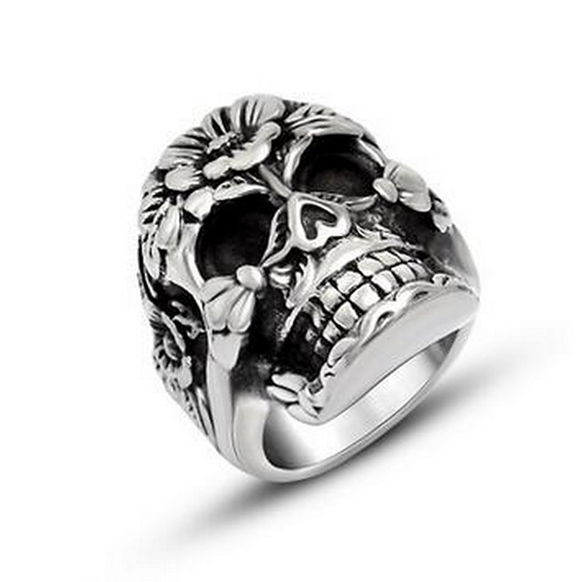 Bague Chevalière Homme Acier Crâne Tête De Mort Aile Biker Gothique