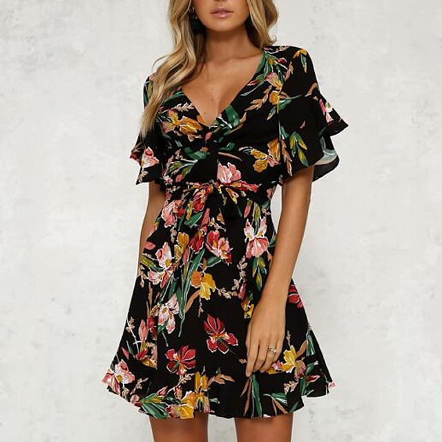 Dames Strakke jurk Mini-jurk Zwart Korte mouw Zwart Bloemen Opdruk Zomer V-hals Flare manchet mouw Slank Bloemen S M L XL XXL / Hoge taille / Sexy 6609450 2021 – €17.59