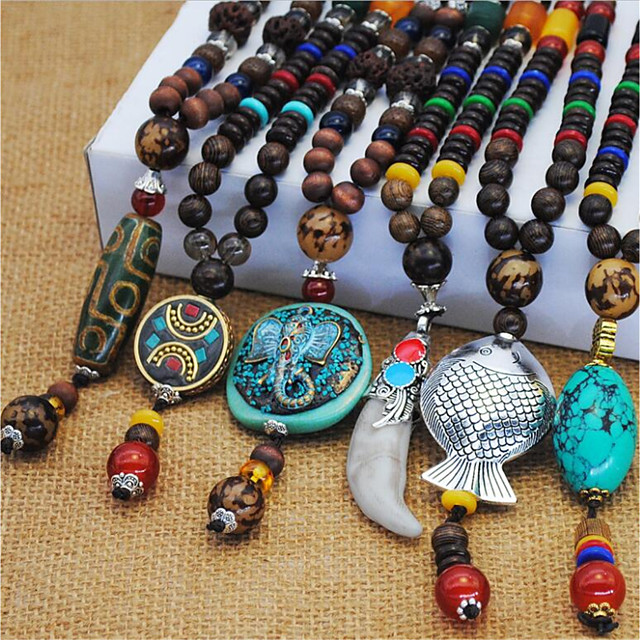 Wooden Bead Tree of Life Statement Pendant Necklace Womens Boho Long Drop Ladies