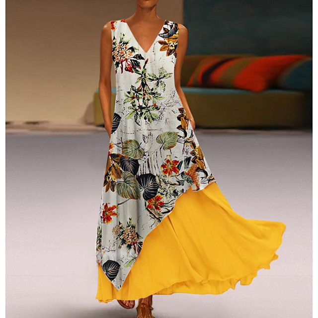Women's Maxi Yellow White Dress Two Piece Floral V Neck S M 7360881 ...