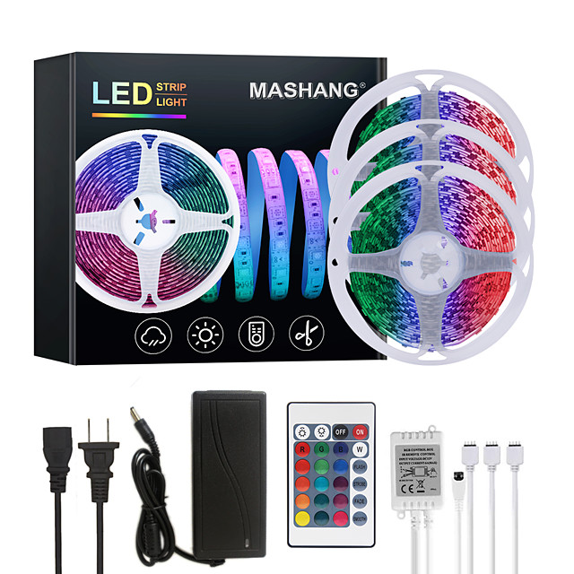 RGB LED Strip Lights 32.8ft//10m IP65 Waterproof 300 LEDs SMD 5050 Music Sync+ 24Key Remote Control Decoration for Room TV Bar Party