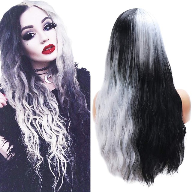 24 Inches Black Silver White Long Curly Wavy Wigs Half Black And Half White Synthetic Anime Cosplay Carnival Wigs For Women Girls 21 28 34