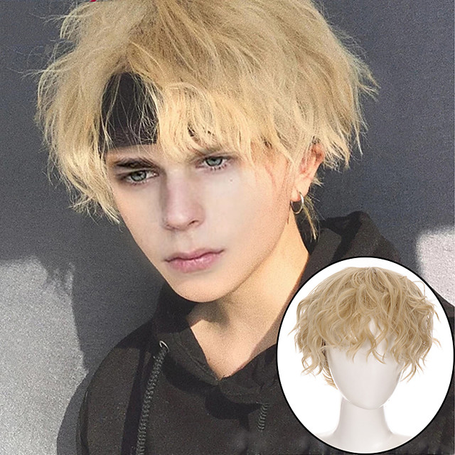 kort lockigt cosplay män pojke fest ljusgul syntetiskt 