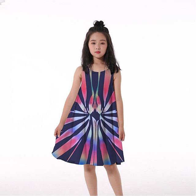 21年 子供 リトル 女の子 ドレス タイダイ タンクトップワンピース フリル プリント レインボー 膝丈 ノースリーブ ３ｄプリント ドレス 春夏 ルーズ 4 13歳 コレクション 16 95