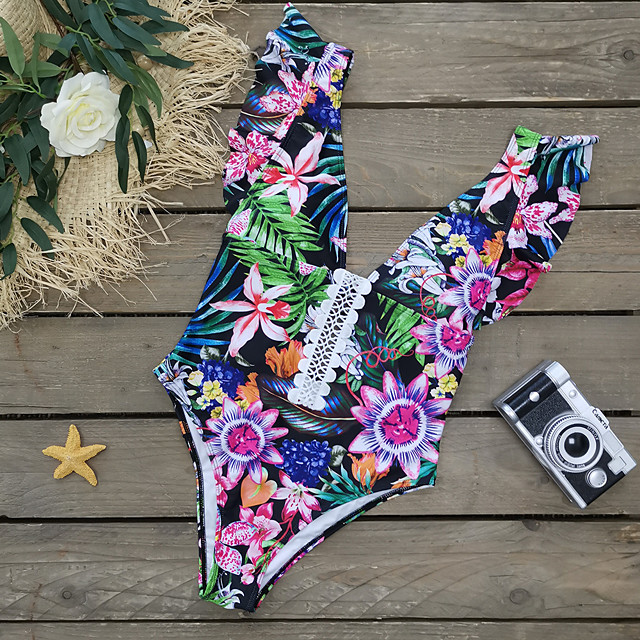 21年 女性用 ワンピース モノキニ 水着 プッシュアップ レース ブラックプリント スイムウェア 水着 新しい 旅行度假风 ヴィンテージ パッド付きブラジャー ビーチ コレクション 24 19