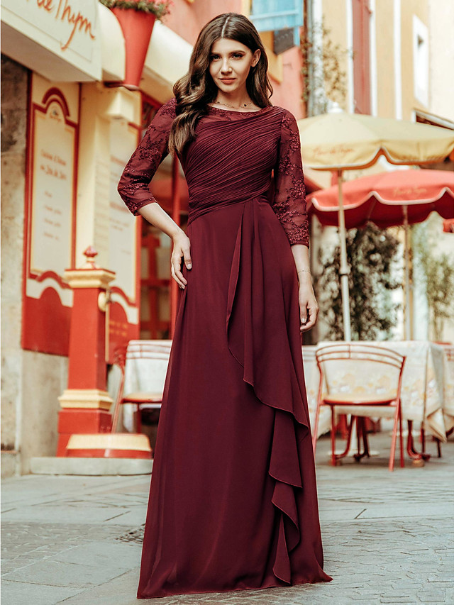 A-Line Elegant Empire Prom Formal Evening Dress Jewel Neck 3/4 Length ...