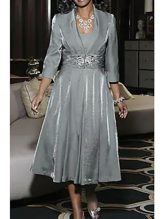 A Line Mother Of The Bride Dress Elegant Vintage Plus Size Square Neck Tea Length Polyester 34 