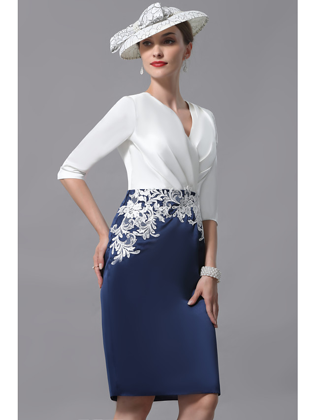 Fourreau / Colonne Robe de M?�re de Mari?�e Grande Taille Col en V Mi-long Charmeuse Manches 3/4 